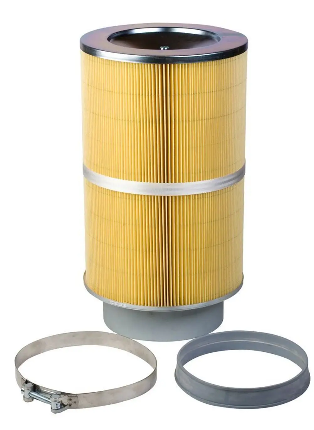 Luftfilter von Remeha mit zylindrischer Form, gelber Filterfläche und Metallrahmen, begleitet von zwei Befestigungsringen aus Metall und Kunststoff.